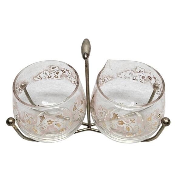 Vintage LIBBEY Glass Duchess Pink Mist Gold Floral Creamer & Sugar with Stand - Picture 2 of 2